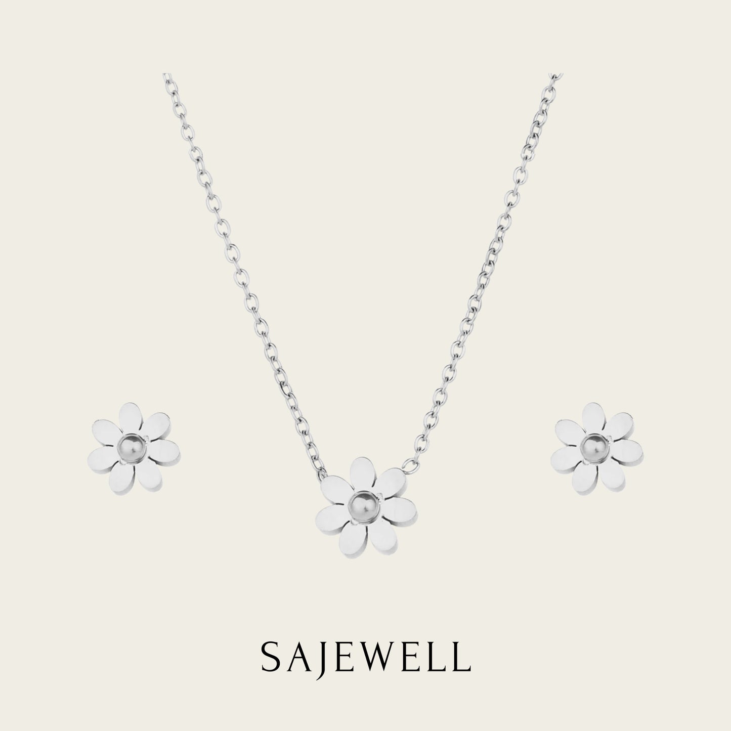TT500025 Sajewell Titanium Steel 18K Gold Plated Mini Daisy Flower Jewelry Set (necklace and earrings)