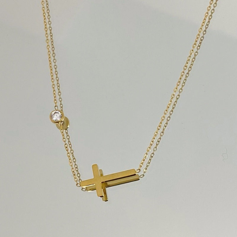 TT100051 Sajewell Titanium Steel 18K Gold Plated Horizontal Cross With Cubic Zirconia Gem Bracelet
