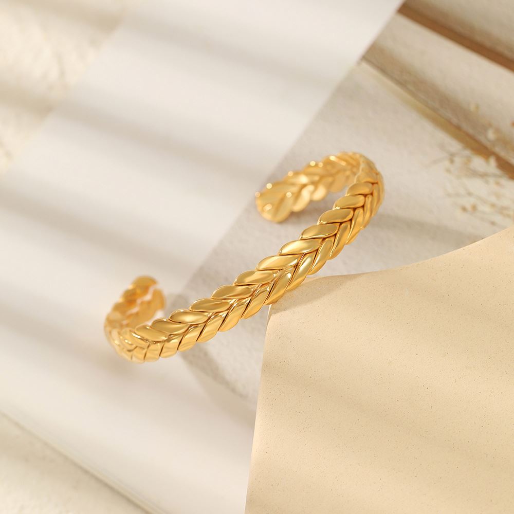TT100054 Sajewell Titanium Steel 18K Gold Plated Adjustable Wheat Shaped Open Cuff Bangle Bracelet