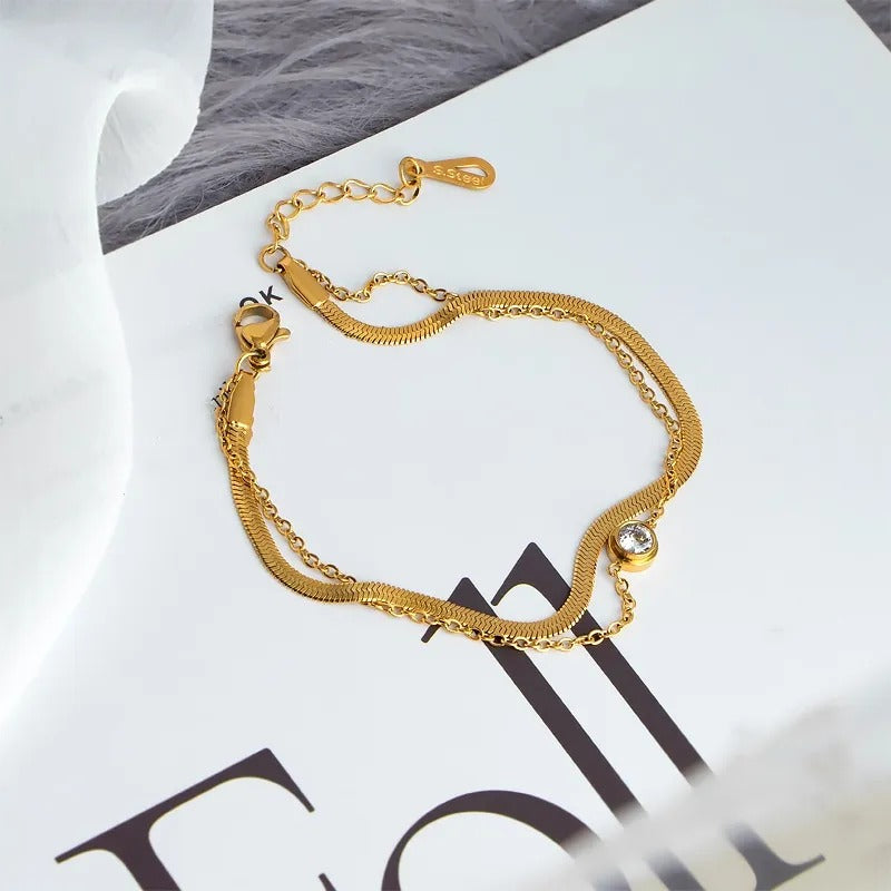 TT100055 Sajewell Titanium Steel 18K Gold Plated Round Crystal Zirconia Gem Charm Double Layer Chain Bracelet