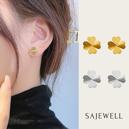 TT200066 Sajewell Titanium Steel 18K Gold Plated Alternating Engraving Cloverleaf Earrings