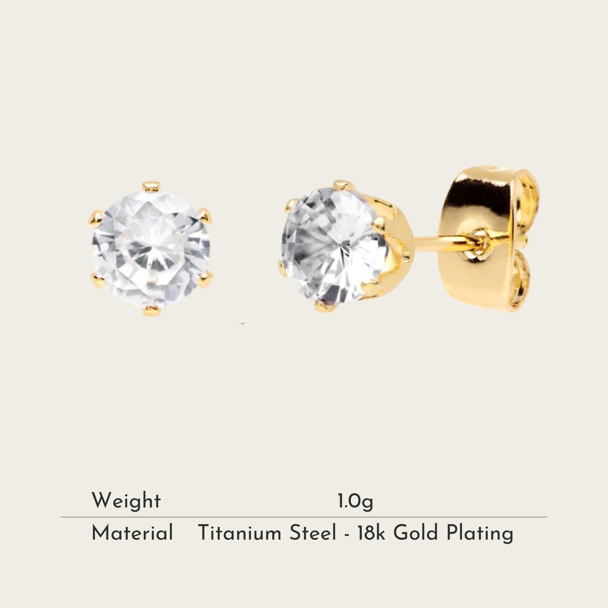 TT200069 Sajewell Titanium Steel 18K Gold Plated 4mm 5mm 6mm Cubic Zirconia Round Stud Earrings