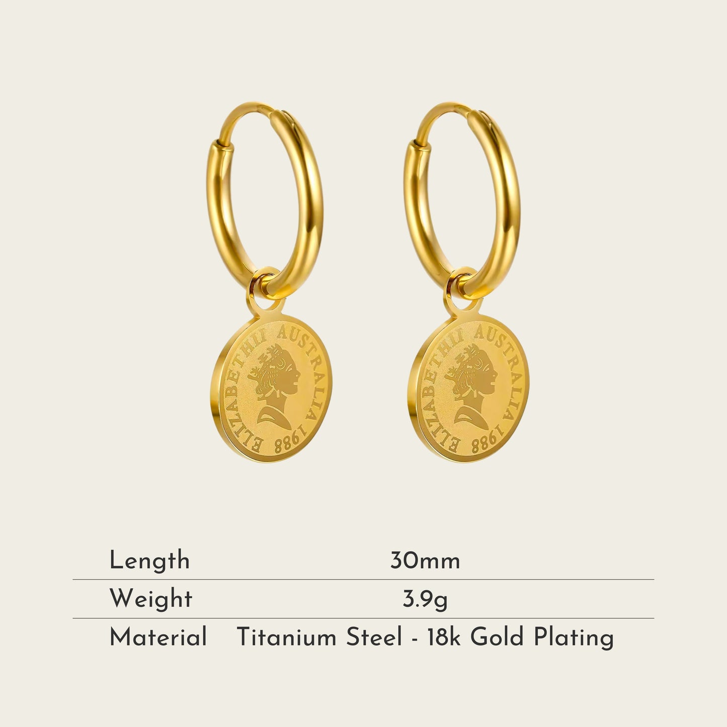 TT200077 Sajewell Titanium Steel 18K Gold Plated Drop Queen Elizabeth Coin Earrings