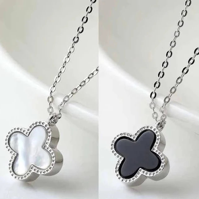 TT300069 Sajewell Titanium Steel 18K Gold Plated Double Sided Black and White Clover Flower Pendant Necklace