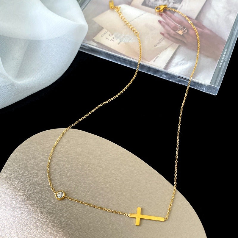 TT300070 Sajewell Titanium Steel 18K Gold Plated Horizontal Cross With Cubic Zirconia Gem Necklace