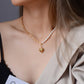 TT300074 Sajewell Titanium Steel 18K Gold Plated Puffy Heart Pendant With Half Freshwater Pearl Chain Half Paperclip Chain Necklace Choker Necklace