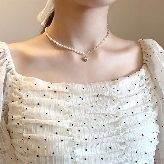 TT300074 Sajewell Titanium Steel 18K Gold Plated Puffy Heart Pendant With Half Freshwater Pearl Chain Half Paperclip Chain Necklace Choker Necklace