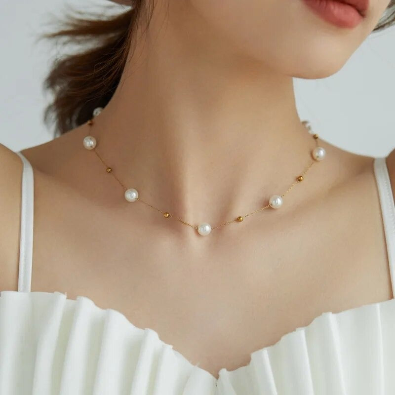 TT300079 Sajewell Titanium Steel 18K Gold Plated Bead Mixed Freshwater Pearl Choker Thin Necklace