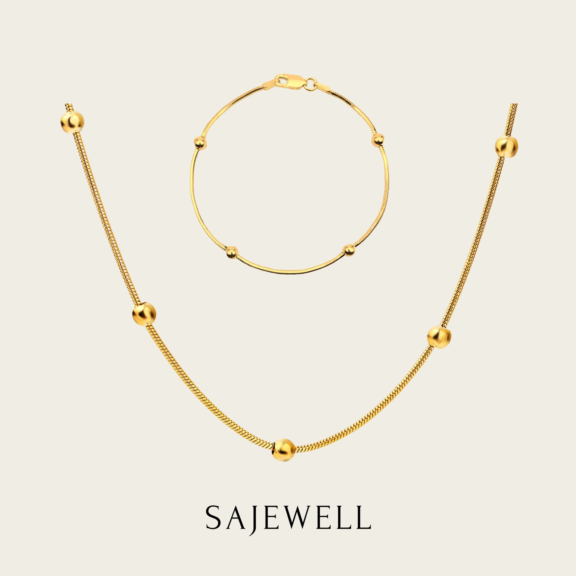 TT500028 Sajewell Titanium Steel 18K Gold Plated Unisex Beads Chain Set (necklace and bracelet) - G