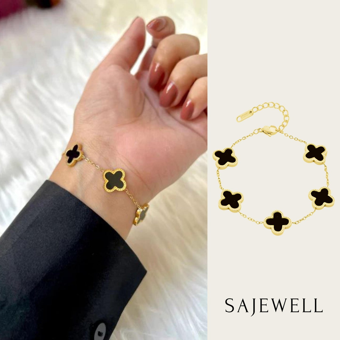 TT500032 Sajewell Titanium Steel 18K Gold Plated Double Sided Black Clover Flower Jewelry Set (necklace, bracelet, earrings)