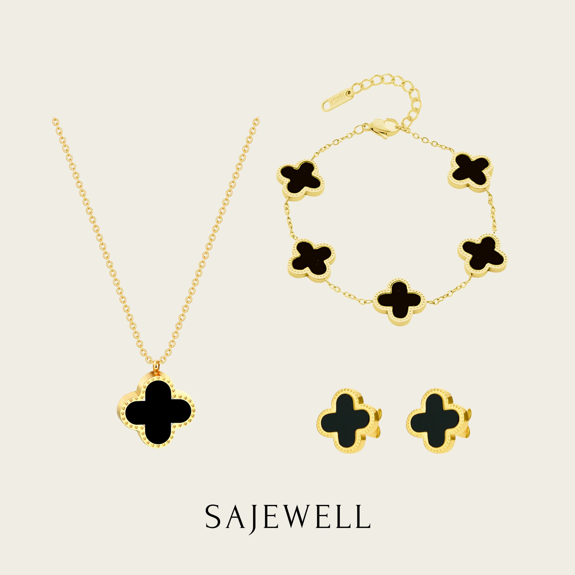 TT500032 Sajewell Titanium Steel 18K Gold Plated Double Sided Black Clover Flower Jewelry Set (necklace, bracelet, earrings)