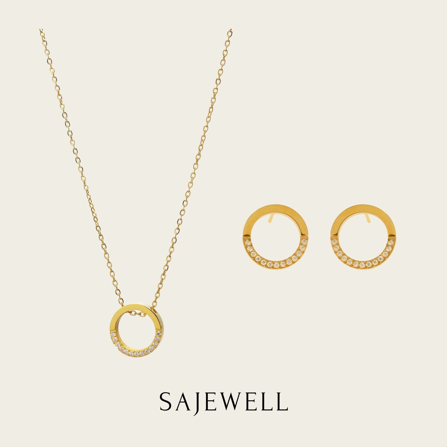 TT500034 Sajewell Titanium Steel 18K Gold Plated Half Zirconia Crystal Round Jewelry Set (necklace and earrings)