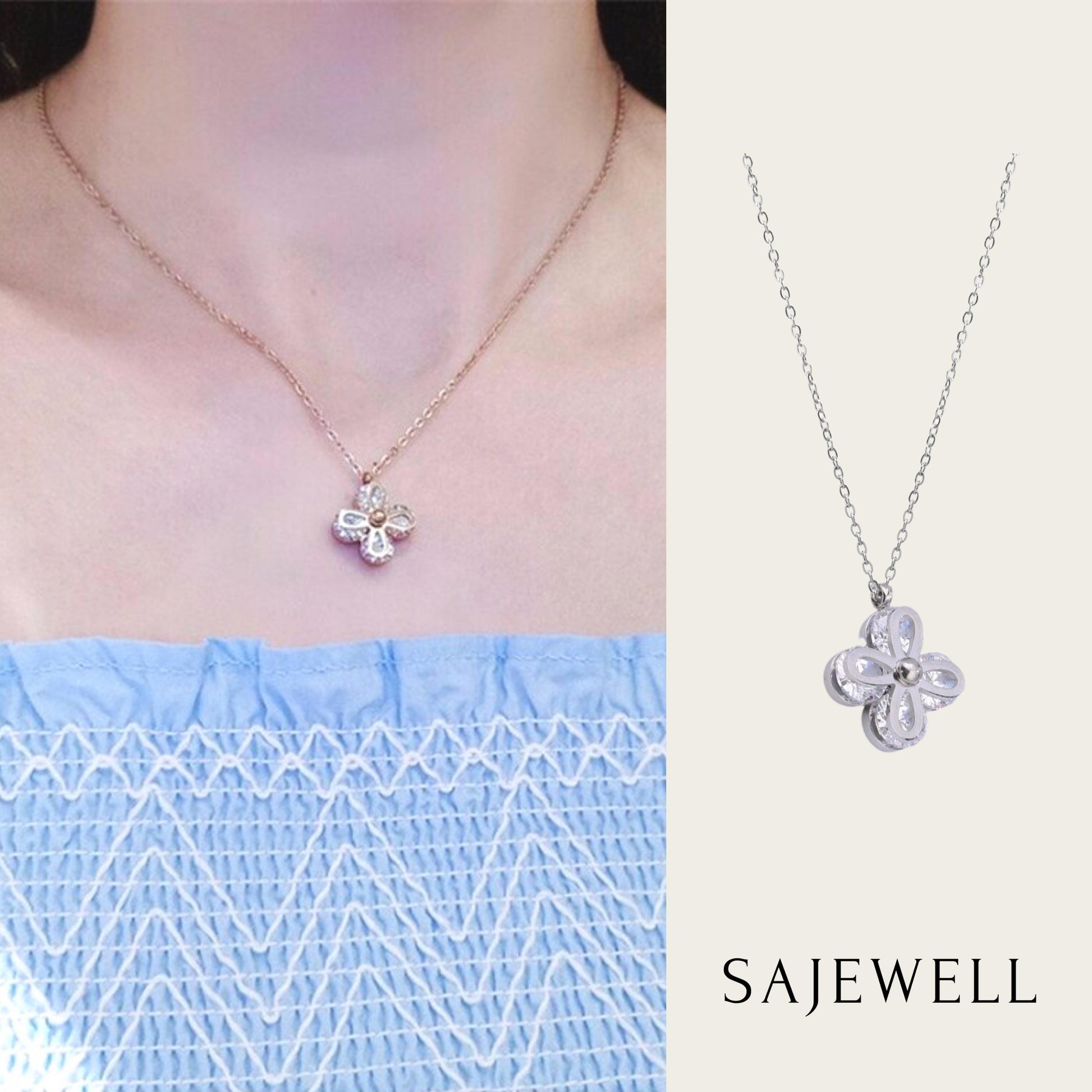 TT500035 Sajewell Titanium Steel 18K Gold Plated Mosaic Zircon Flower Jewelry Set (necklace and earrings)