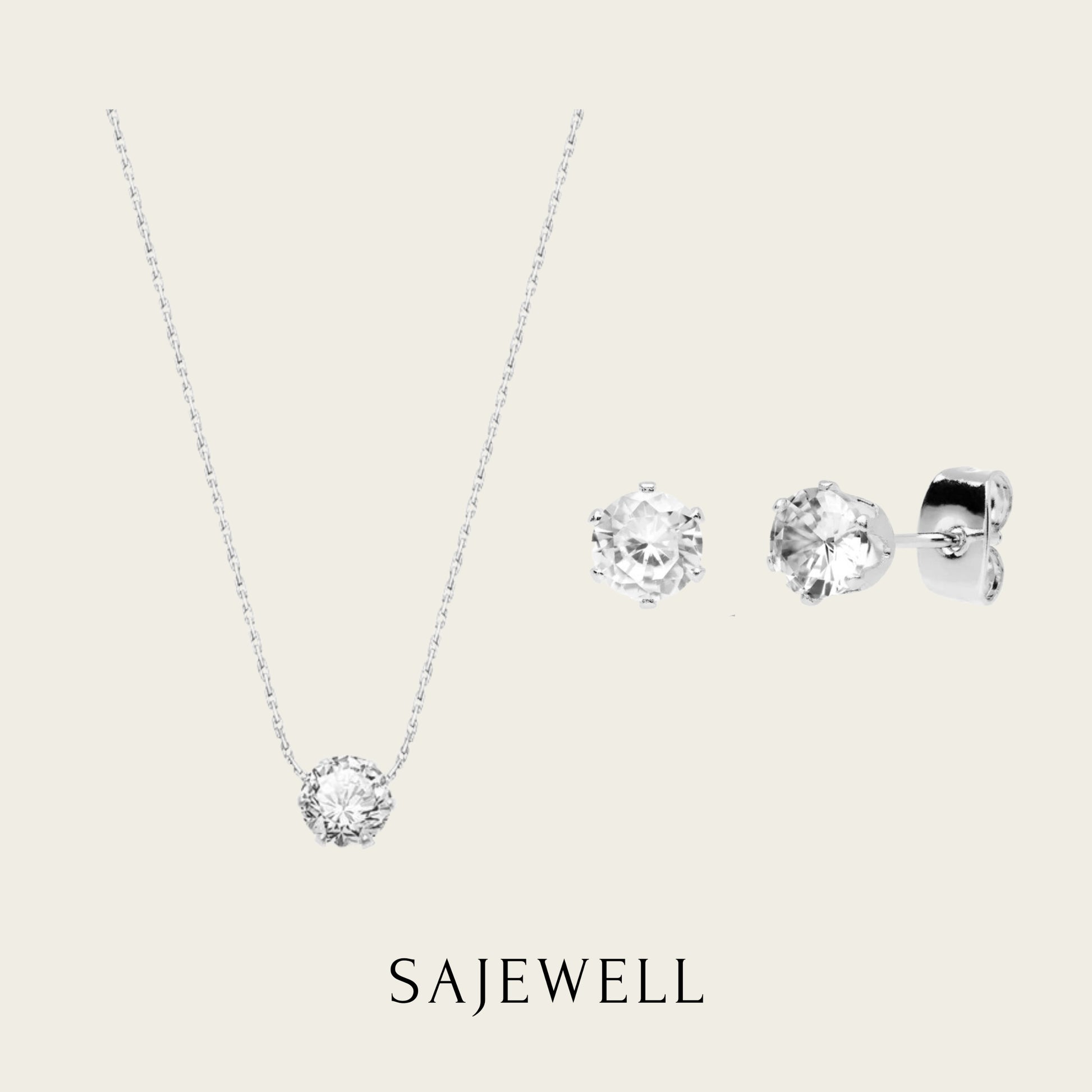 TT500036 Sajewell Titanium Steel 18K Gold Plated 6mm Cubic Zirconia Round Jewelry Set (necklace and earrings)