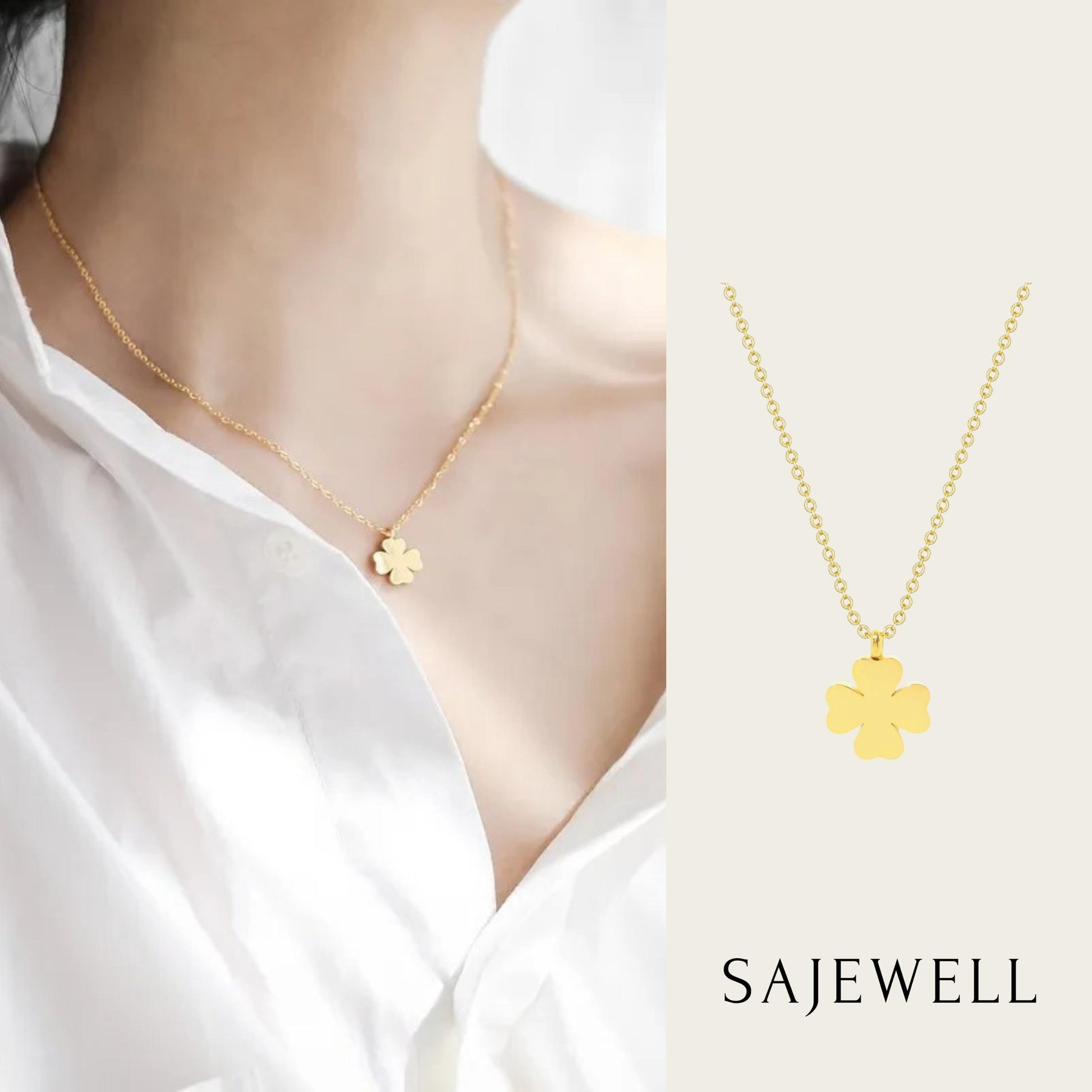       TT500037 Sajewell Titanium Steel 18K Gold Plated Flat Cloverleaf Jewelry Set_necklace and earrings