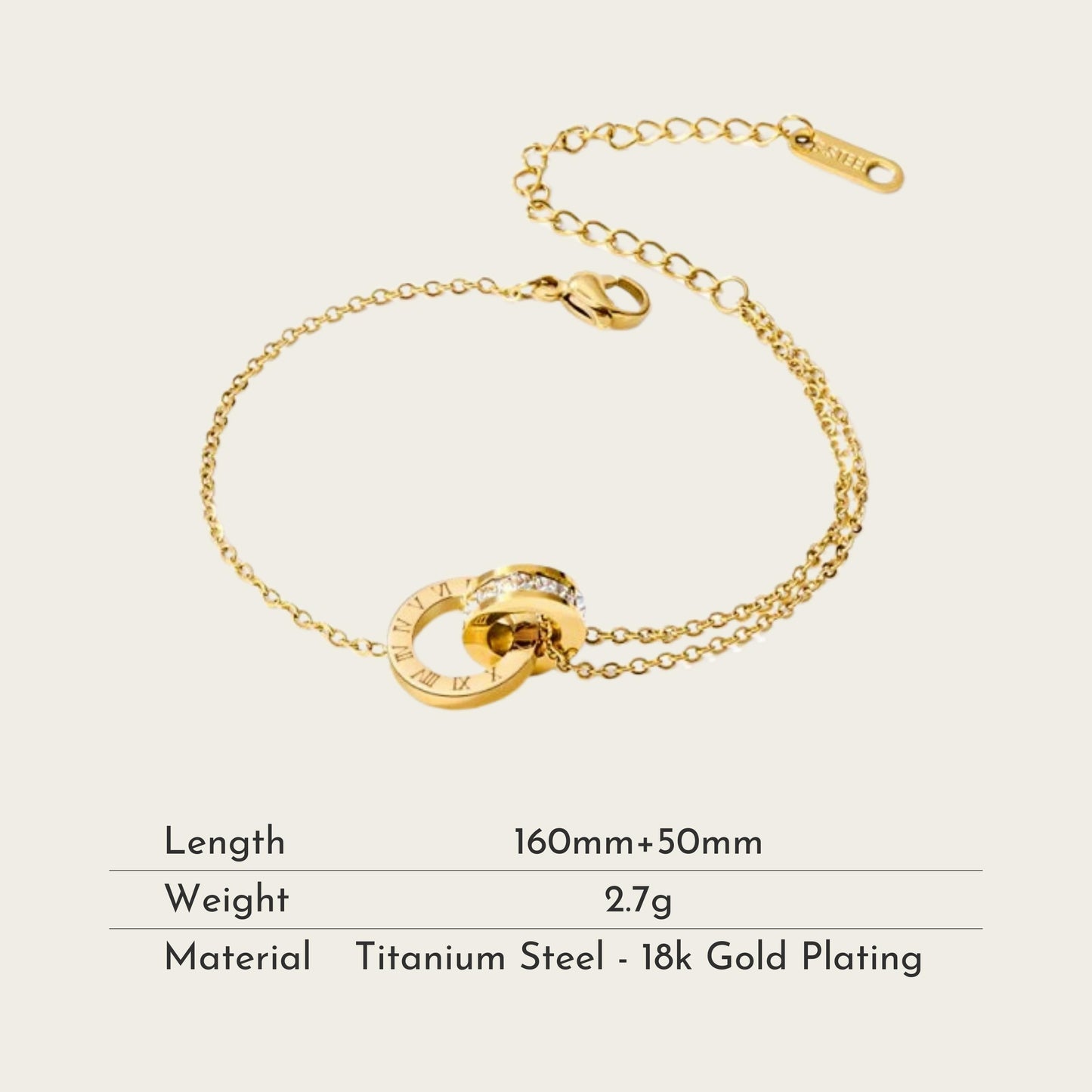 TT100015 Sajewell Titanium Steel 18K Gold Plated Zircon Interlocking Roman Numeral Stud Bracelet