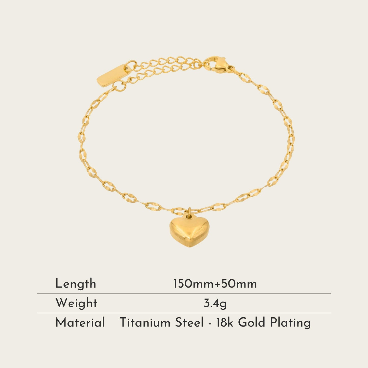 TT100045 Sajewell Titanium Steel 18K Gold Plated Heart Charm Lace Chain Bracelet