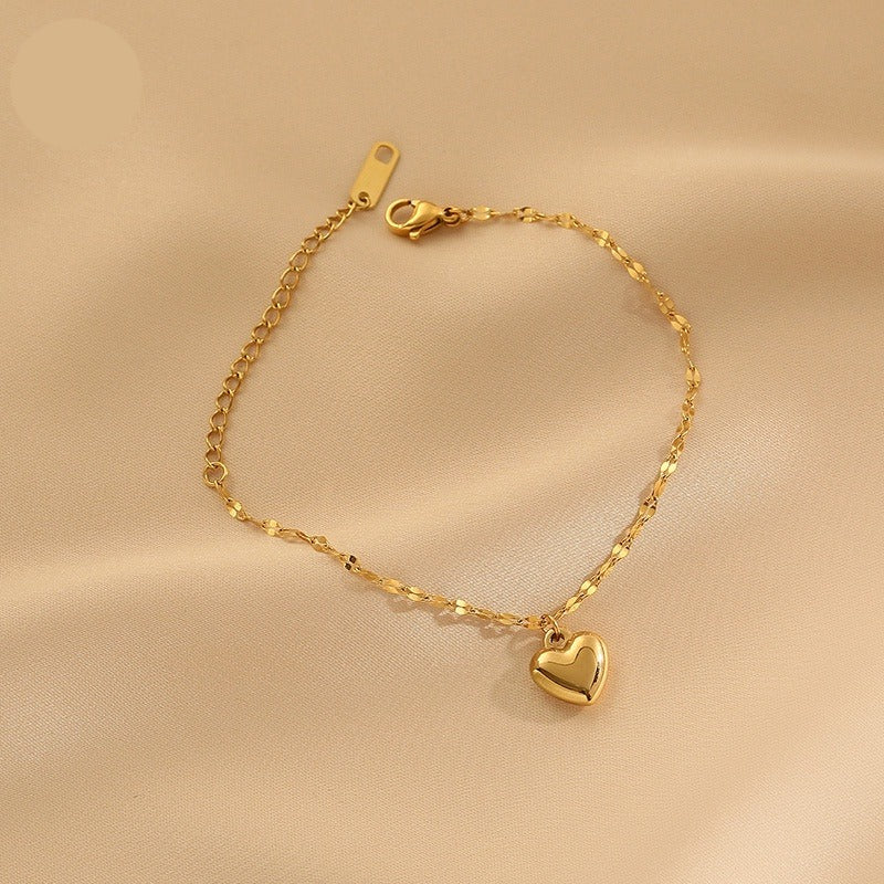 TT100045 Sajewell Titanium Steel 18K Gold Plated Heart Charm Lace Chain Bracelet