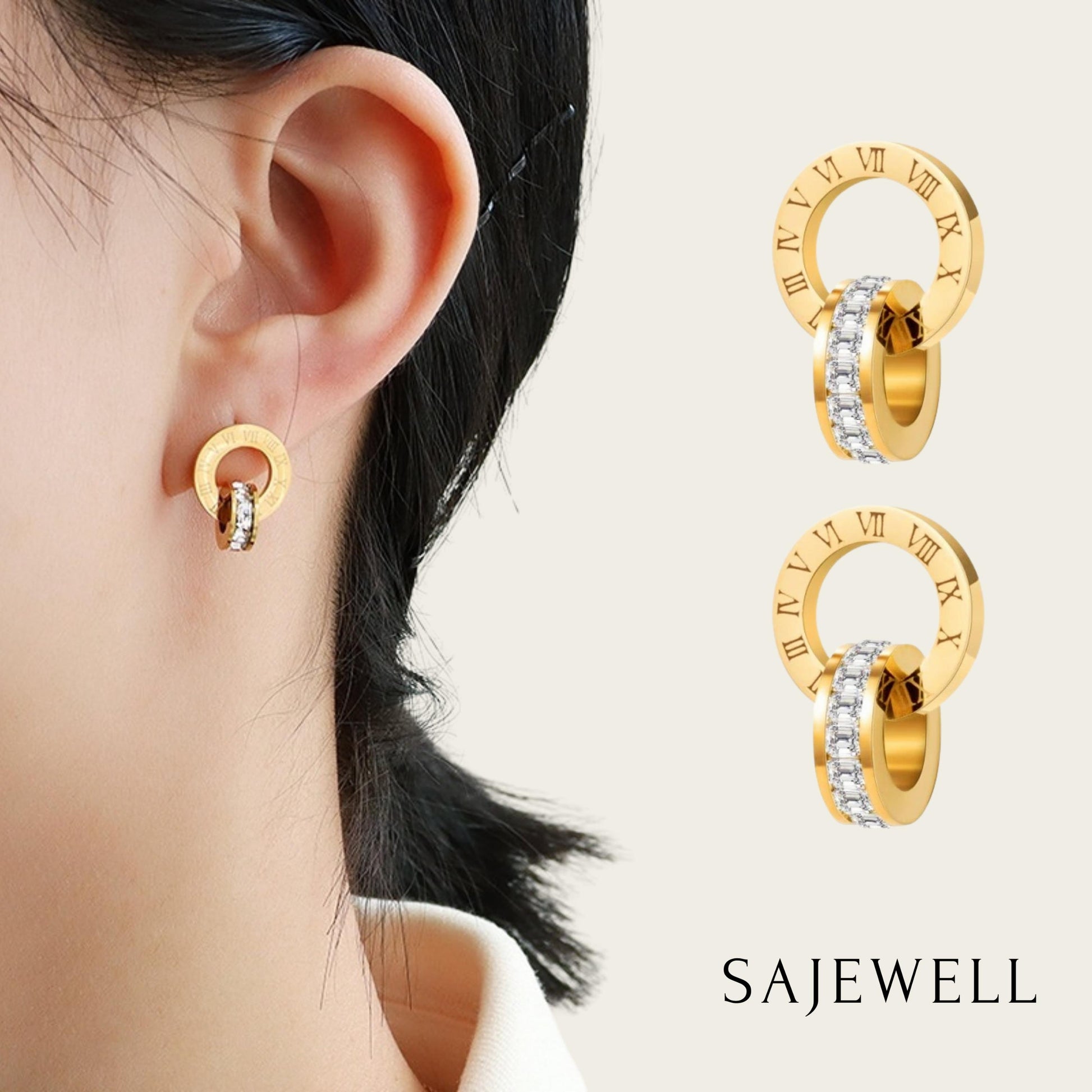 TT500012 Sajewell Titanium Steel 18K Gold Plated Zircon Interlocking Roman Numeral Stud Jewelry Set (necklace, bracelet, and earrings)