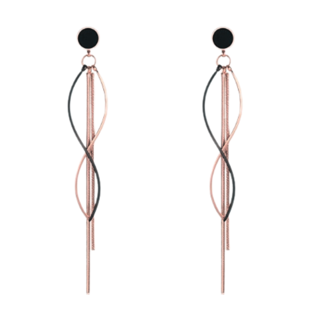 TT200024 Sajewell Titanium Steel Geometric Wavy Flat Snake Chain Long Tassel Round Black Shell Dangle Drop Earrings