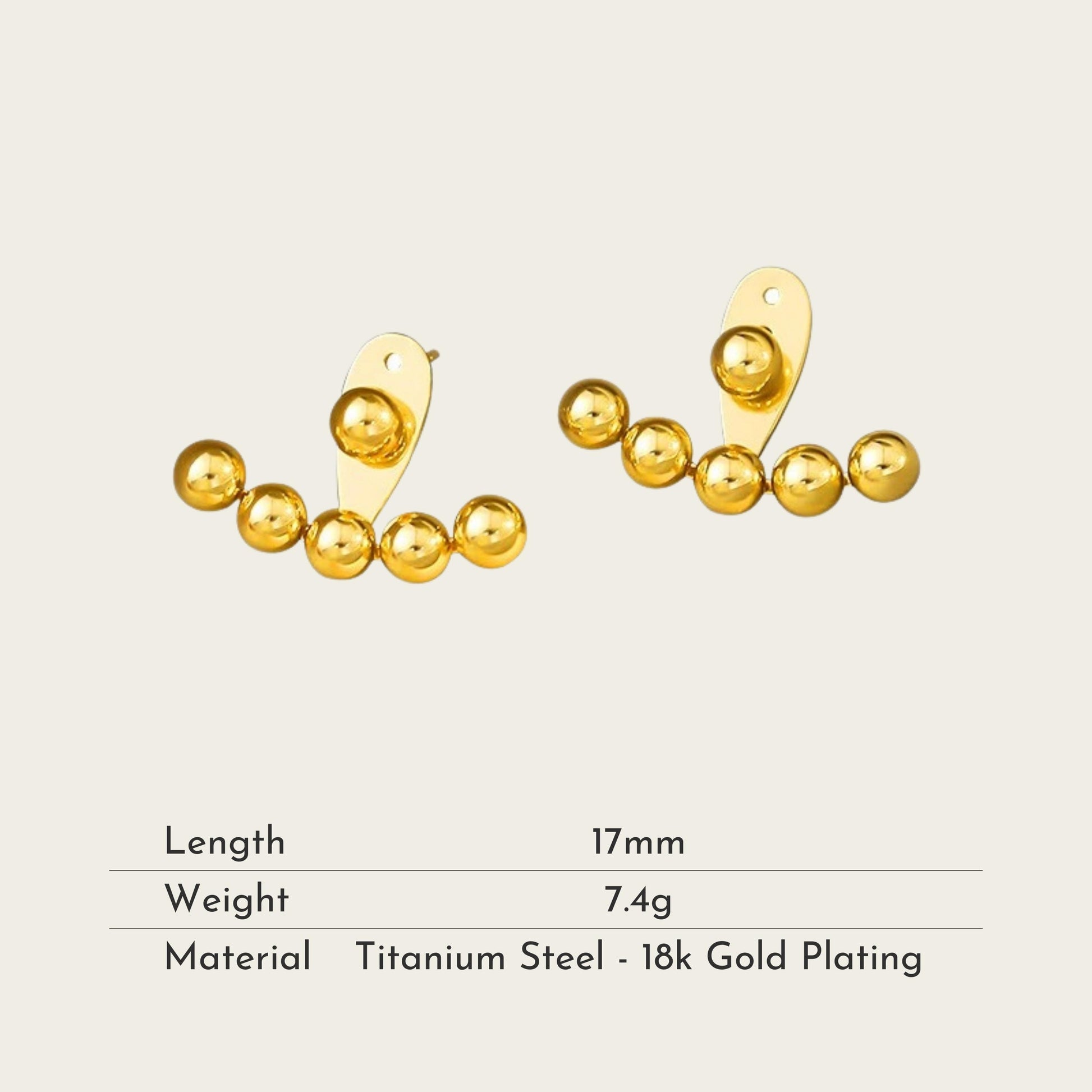 TT200060 Sajewell Titanium Steel 18K Gold Plated Bead Ear Jacket Stud Earrings