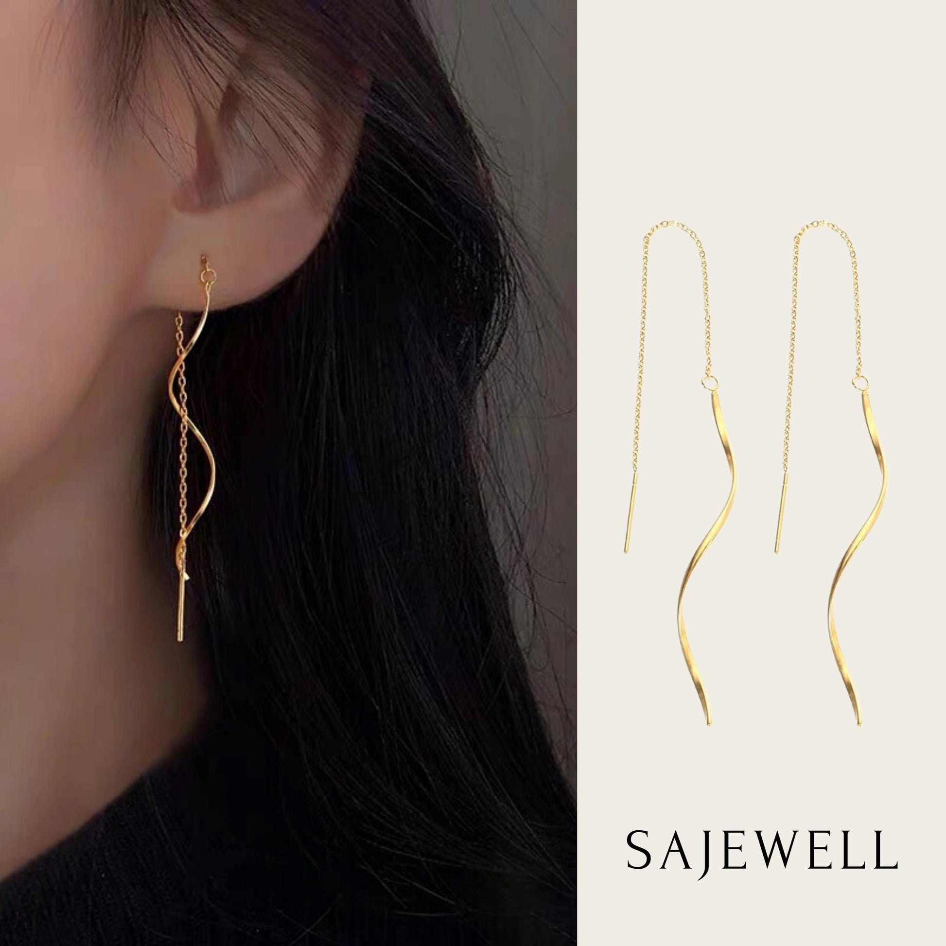 TT200064 Sajewell Titanium Steel 18K Gold Plated Wave Long Tassel & Bar Threader Earrings