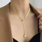 TT300041 Sajewell Titanium Steel 18K Gold Plated Adjustable Wheat Y Drop Pearl Pendant Necklace