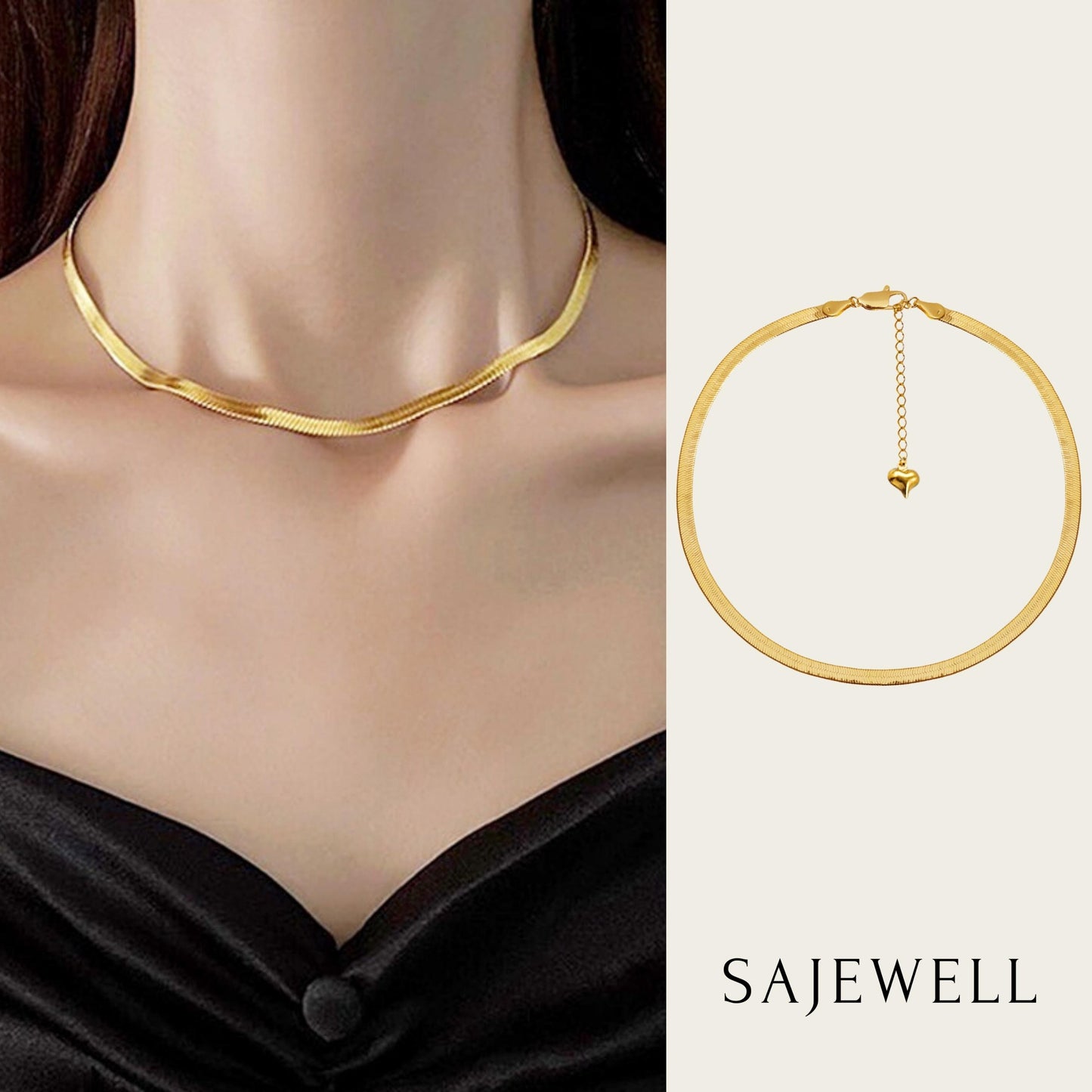 TT500015 Sajewell Titanium Steel 18K Gold Plated Unisex Flat Layering Herringbone 3mm Snake Jewelry Set (necklace and bracelet)