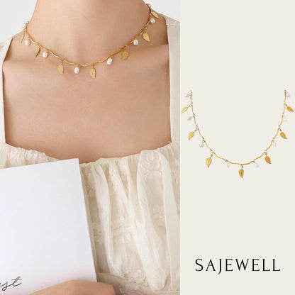 TT300058 Sajewell Titanium Steel 18K Gold Plated Freshwater Pearl and Leaf Choker Necklace