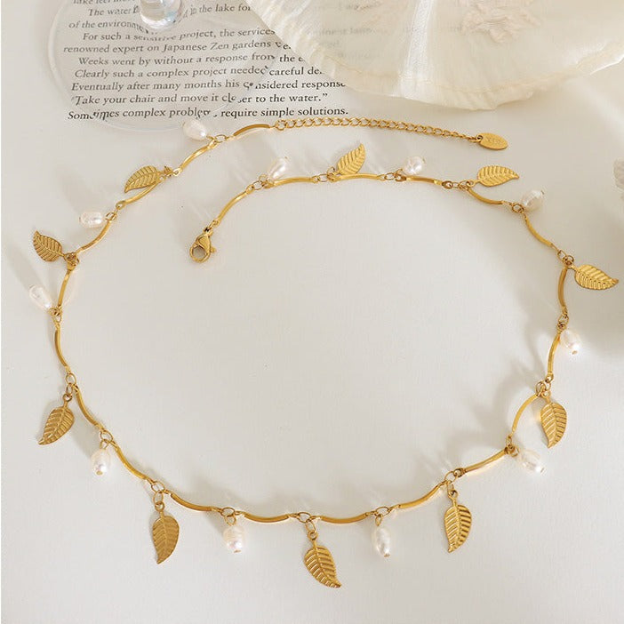 TT300058 Sajewell Titanium Steel 18K Gold Plated Freshwater Pearl and Leaf Choker Necklace