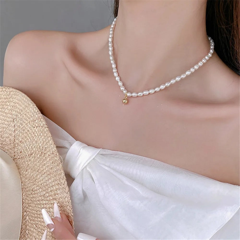 TT300059 Sajewell Titanium Steel 18K Gold Plated Small Ball Pendant Freshwater Pearl Necklace
