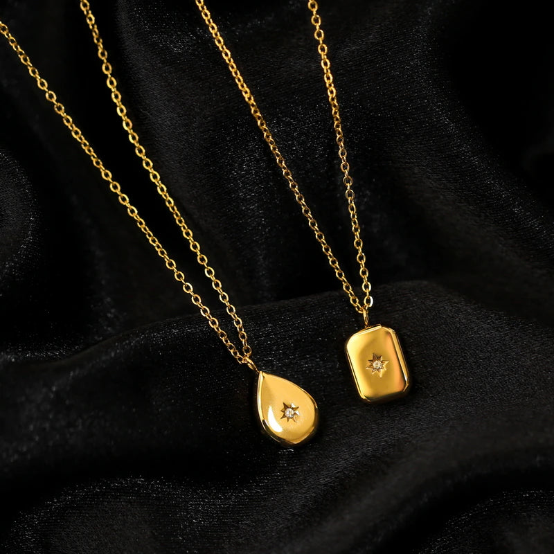 TT300063 Sajewell Titanium Steel 18K Gold Plated Zircon North Star Rectangle Pendant Necklace