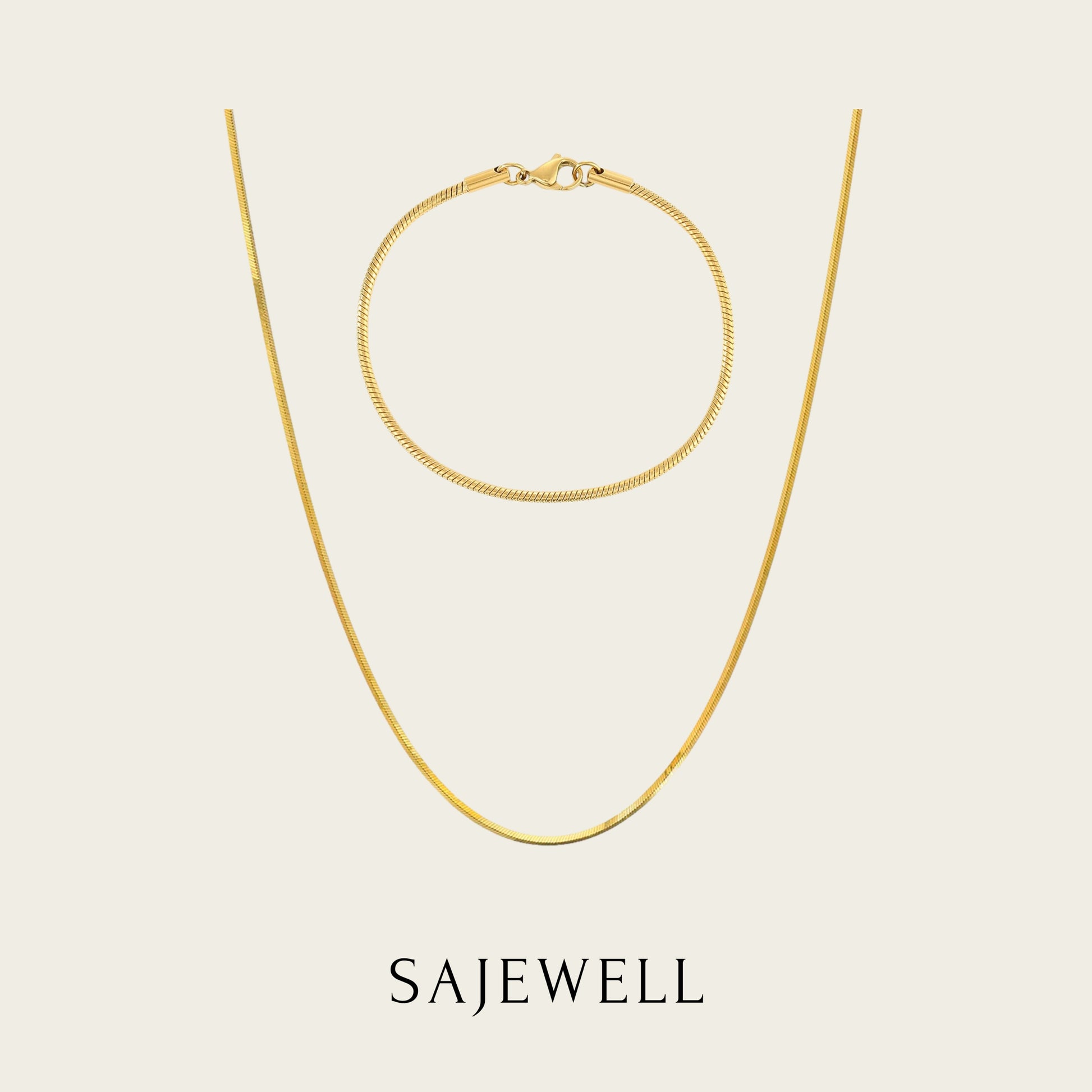 TT500016 Sajewell Titanium Steel 18K Gold Plated Round Thin Snake Chain Jewelry Set (necklace and bracelet)