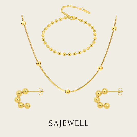TT500023 Sajewell Titanium Steel 18K Gold Plated Minimalist Bead Chain Jewelry Set (necklace, bracelet, and earrings)